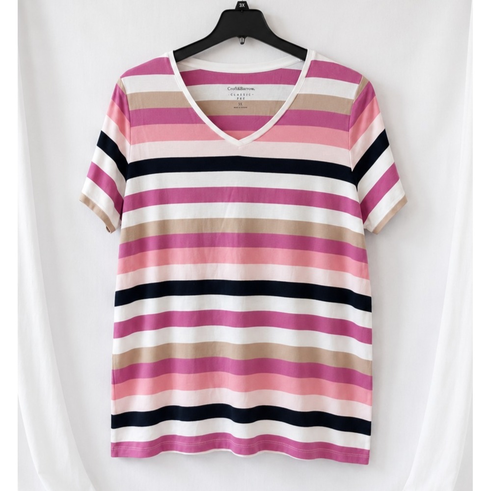 Croft Barrow Classic Tee Womens 1X Striped V Neck Pink White Short Sleeve Top